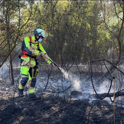 FW Meerbusch: Kilometerlanger Flächenbrand entlang Bahnstrecke von Meerbusch nach Krefeld.