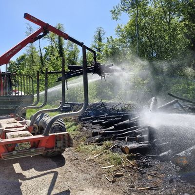 FW Reichenau: Brennenden Holzpolder im Wald gelöscht, Mehrstündiger Einsatz der Feuerwehren aus Reichenau und Konstanz, Reichenau-Waldsiedlung, 01.05.2025