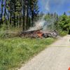 FW Reichenau: Brennenden Holzpolder im Wald gelöscht, Mehrstündiger Einsatz der Feuerwehren aus Reichenau und Konstanz, Reichenau-Waldsiedlung, 01.05.2025