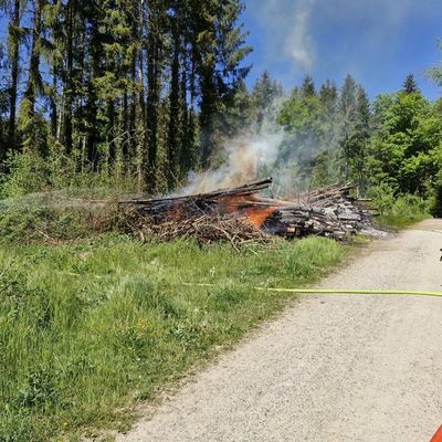 FW Reichenau: Brennenden Holzpolder im Wald gelöscht, Mehrstündiger Einsatz der Feuerwehren aus Reichenau und Konstanz, Reichenau-Waldsiedlung, 01.05.2025