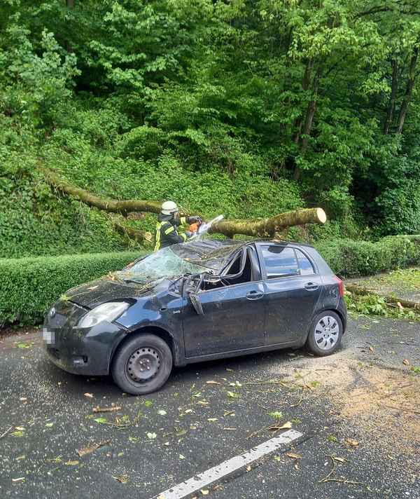 FW-EN: Massiver Baum stürze auf fahrenden Pkw - Zwei Verletzte bei Unfall in Herdecke - Großes Glück für Insassen