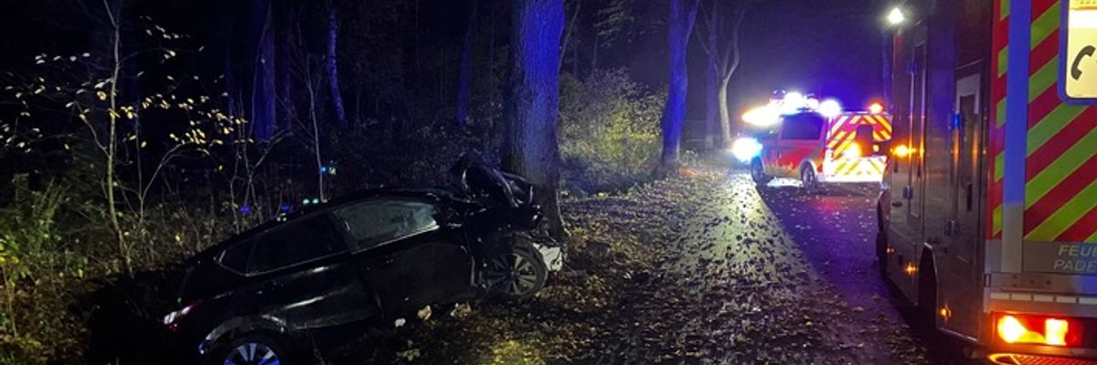 FW Paderborn: Verkehrsunfall in Paderborn-Sande Zwei Verletzte nach Frontalaufprall gegen Baum