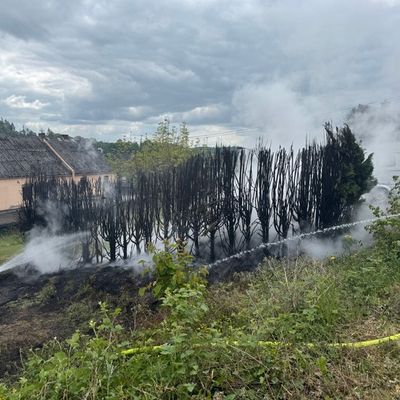 FW VG Westerburg: Tujahecke steht in Flammen - Rauchsäule von weitem sichtbar