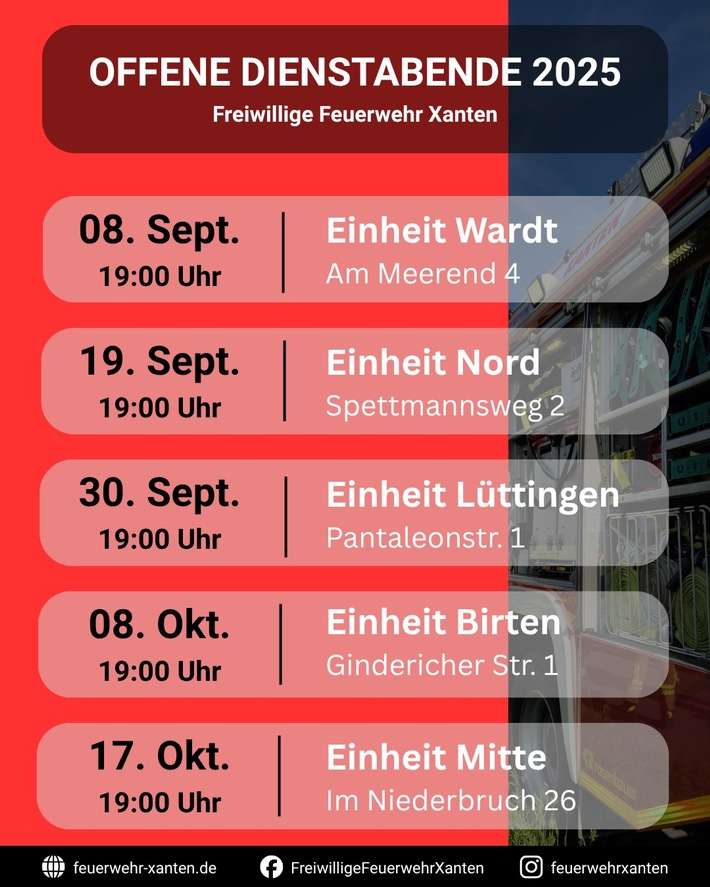FW Xanten: Feuerwehr Xanten lädt zu offenen Dienstabenden ein