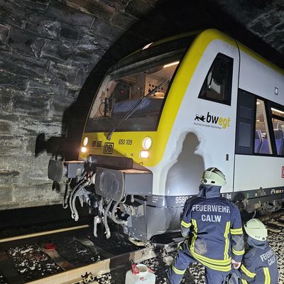 KFV-CW: Zug kollidiert mit herabgestürztem Felsblock / Passagiere über Leiter evakuiert / Gelände erschwert Feuerwehreinsatz / Hydrauliköl ausgelaufen