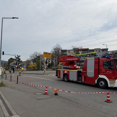 FW Weinheim: Schräger Ampelmast führt zu Einsatz an Straßenbahntrasse