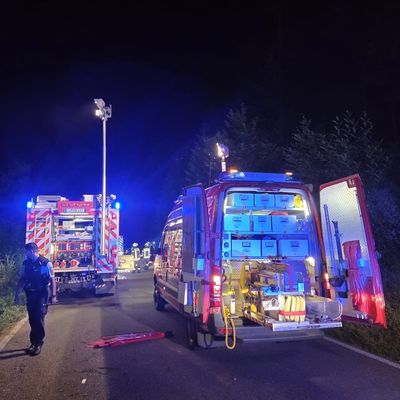 KFV-CW: PKW stürzt nachts Böschung hinunter / Feuerwehr schlägt Schneise in Wald / Eingeklemmte Schwerverletzte befreit