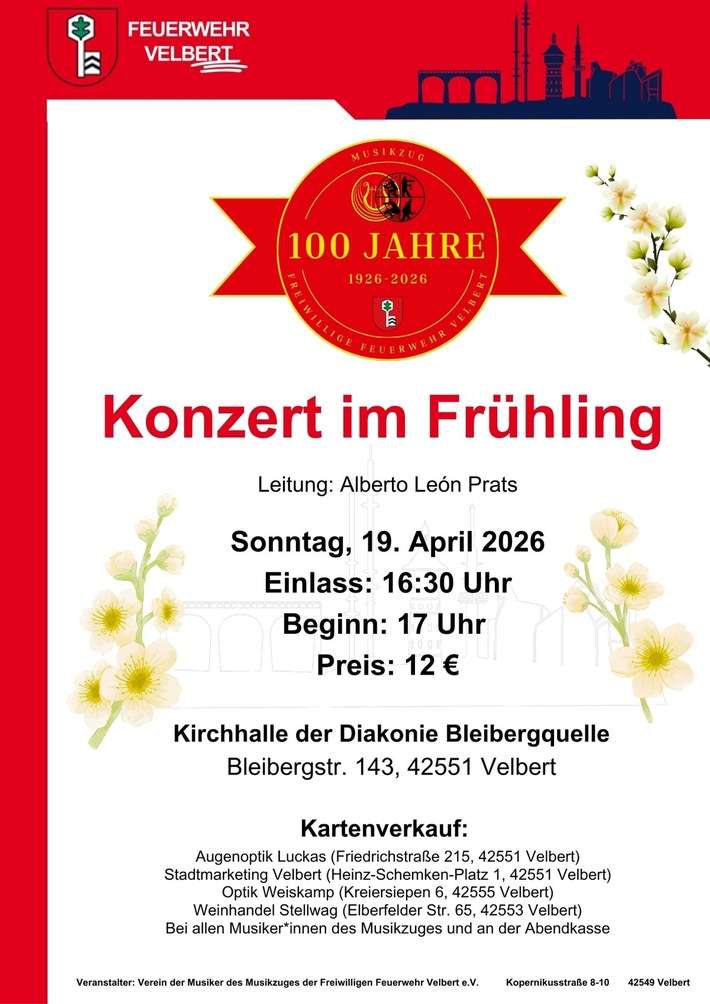 FW-Velbert: Musikzug der Feuerwehr Velbert eröffnet Konzertsaison mit "Konzert im Frühling"
