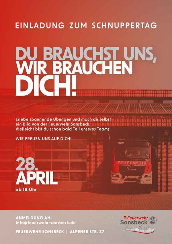 FW Sonsbeck: "DU brauchst uns - wir brauchen DICH": Freiwillige Feuerwehr Sonsbeck lädt zum Schnuppertag ein