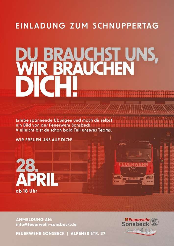 FW Sonsbeck: "DU brauchst uns - wir brauchen DICH": Freiwillige Feuerwehr Sonsbeck lädt zum Schnuppertag ein