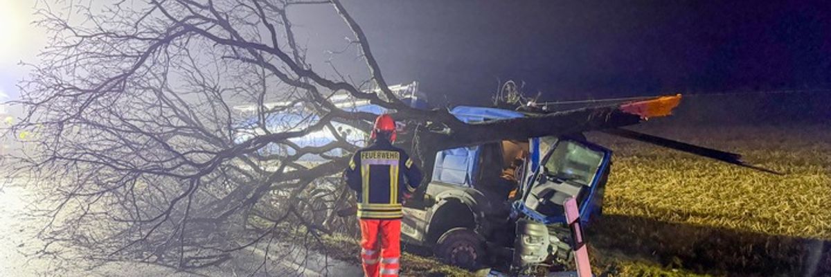 FW Flotwedel: LKW kommt von Fahrbahn ab - Baum blockiert B214