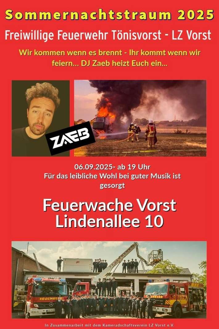 FW Tönisvorst: Der Löschzug Vorst läd bei freiem Eintritt zum Sommernachtstraum in die Feuerwache ein