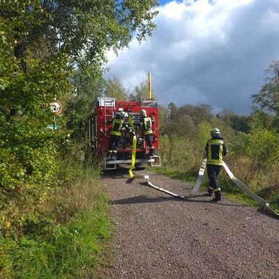 FW-AR: Wasser, Drohnen, Riegelstellung: Feuerwehr Arnsberg simuliert Ernstfall im Wald
